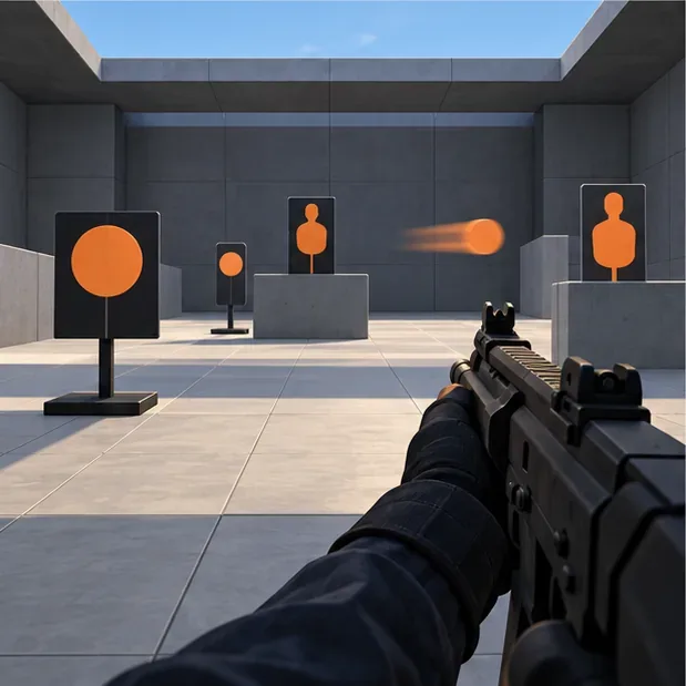 A first-person view of a practice lane with several target boards at different distances, including a blurred moving target