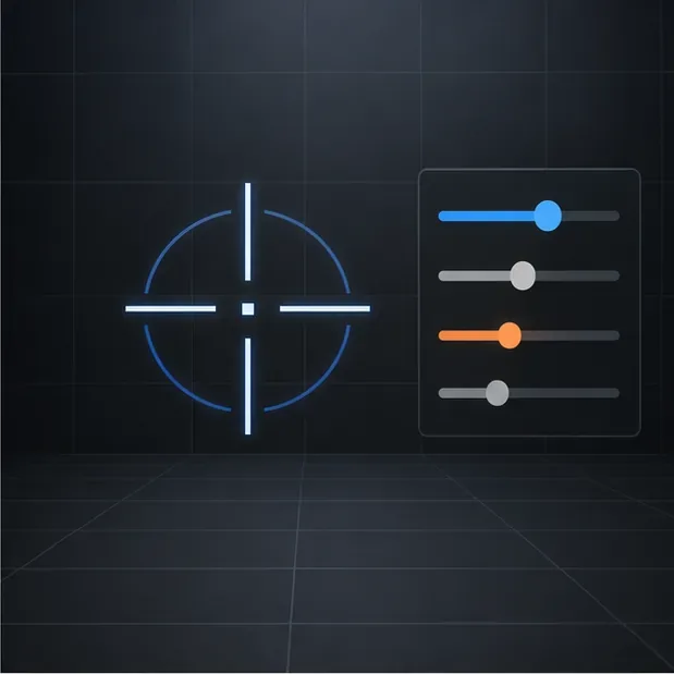 A bright, static crosshair appears beside simple adjustment sliders on a dark practice background
