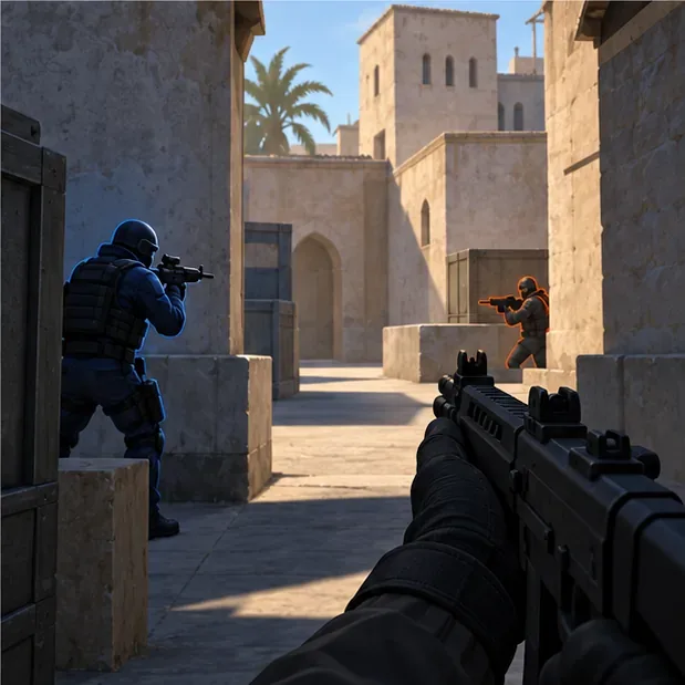Two player silhouettes aim around stone cover on a tactical map, showing how a live duel adds angles and movement