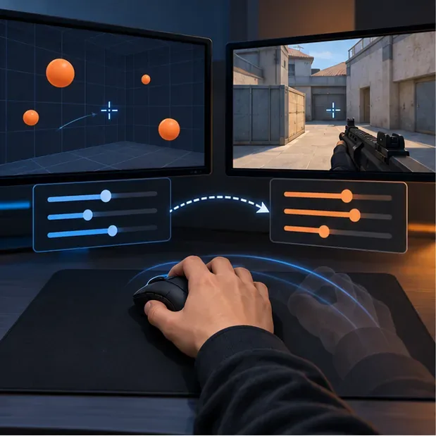 A mouse sits below two generic game views and matching adjustment sliders, illustrating how to transfer a sensitivity setting while keeping the same DPI