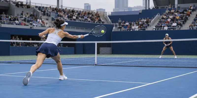 Een vrouw maakt zich klaar voor een forehandslag, terwijl haar tegenstandster aan de overkant van een blauwe tennisbaan staat te wachten.
