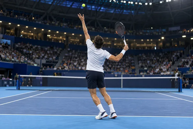 Een mannelijke tennisser gooit de bal omhoog en heft zijn racket op om te serveren onder de schijnwerpers van de arena.
