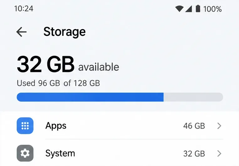 Exemplo de armazenamento do Android mostrando 32 GB disponíveis e uma barra de uso de armazenamento.