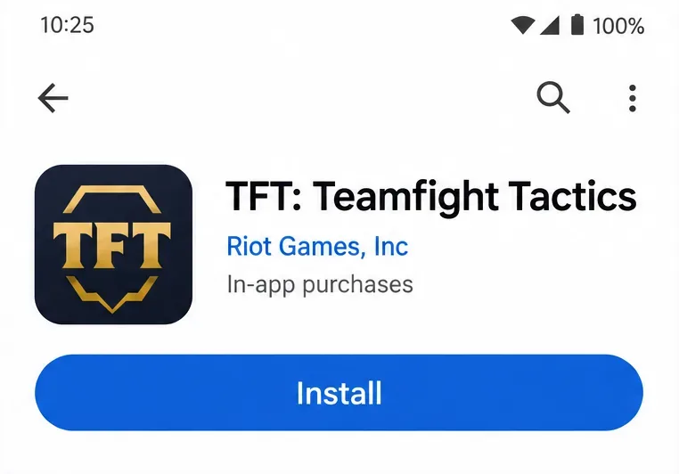 Exemplo de listagem do TFT na Google Play mostrando a Riot Games, Inc. e o botão Instalar.