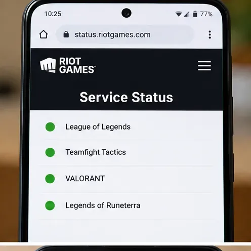 Browserul telefonului afișează categoriile de stare a serviciilor Riot Games