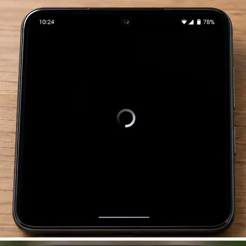 Telefonul afișează un ecran negru de încărcare și un buton rotativ de progres