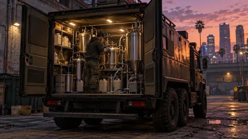 Um caminhão-laboratório móvel aberto de seis rodas exibe tanques de produção e mangueiras de aço inoxidável ao entardecer.