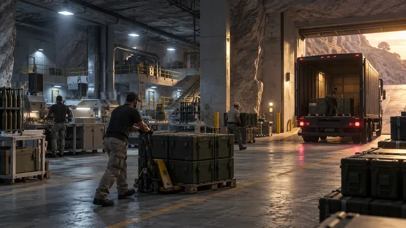 Operários transportam caixas de suprimentos lacradas através de um bunker fortificado, em direção a um caminhão de entrega.