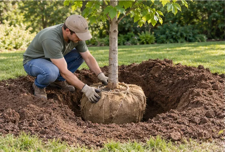A gardener settles a balled-and-burlapped young tree into a broad planting hole with the trunk flare near ground level