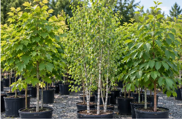 Rows of young deciduous canopy trees in nursery containers, including varied leaf shapes and bark