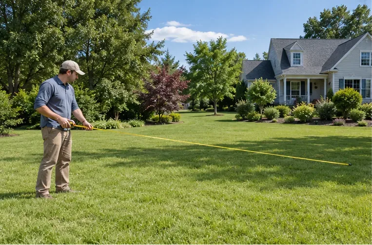 A homeowner measures open lawn space in a sunny yard before choosing a shade tree