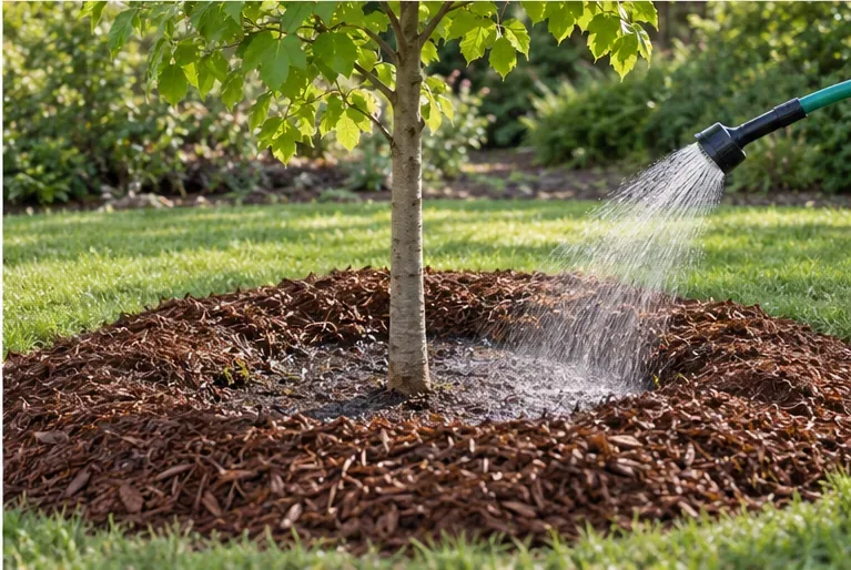 A newly planted young shade tree receives slow watering beside a wide mulch ring that stays clear of its trunk