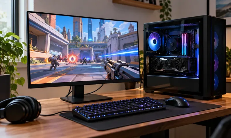 Computador de mesa gamer preto com ventoinhas internas iluminadas ao lado de um monitor widescreen exibindo uma cena colorida de um jogo de tiro futurista.