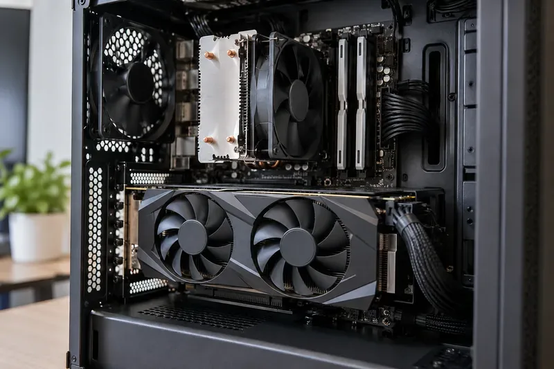 Gabinete de PC preto aberto, mostrando uma placa de vídeo com duas ventoinhas, um cooler de CPU tipo torre, dois módulos de RAM e cabos de alimentação organizados.