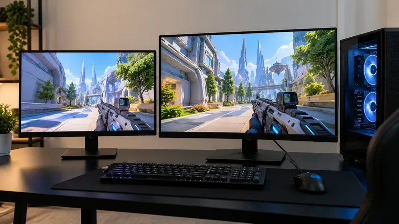Mesa de jogos com um monitor menor à esquerda e um monitor maior à direita, exibindo cenas futuristas de jogos de tiro ao lado de um PC com iluminação azul.