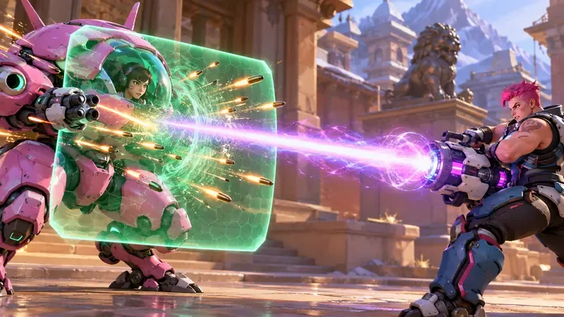 O feixe contínuo de partículas de Zarya atinge o mecha de D.Va enquanto a Matriz de Defesa absorve os projéteis recebidos.