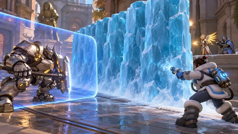 Mei ergue uma Parede de Gelo entre Reinhardt e seus companheiros de equipe de suporte distantes enquanto ele mantém o Campo de Barreira.