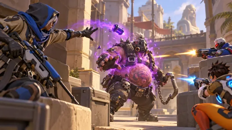 Ana lança uma granada biótica roxa em Roadhog enquanto seus companheiros de equipe atiram nele de posições protegidas.