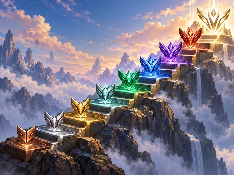 Nove emblemas abstratos em camadas se elevam ao longo de uma escadaria que lembra uma montanha, com detalhes em bronze, prata, ouro, verde, azul, roxo, vermelho e ouro branco.