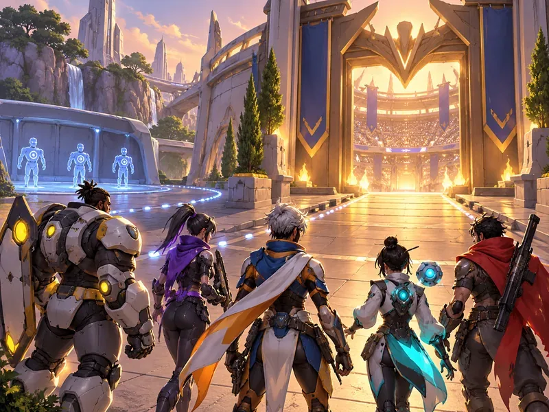 Cinco companheiros de equipe futuristas originais caminhando de uma área de treinamento em direção à entrada da arena, que está bem iluminada.