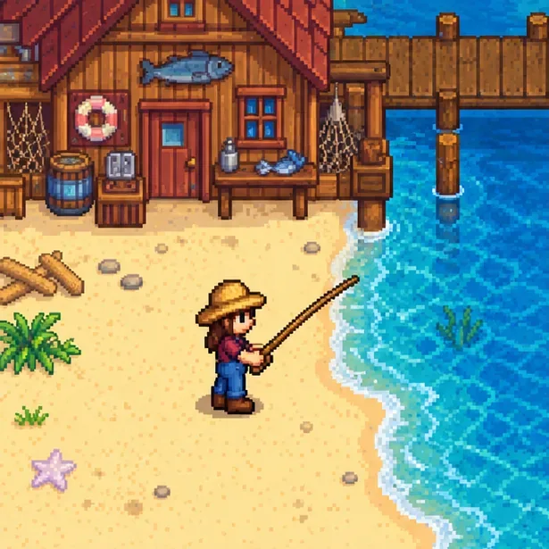 A farmer holding a fishing pole on the beach beside Willy's shop