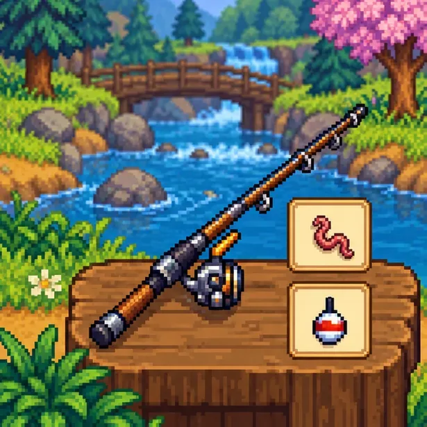 An upgraded fishing rod beside icons for bait and a bobber tackle