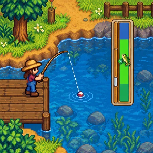 A pixel-art fishing mini-game with a fish icon inside a green vertical catch bar