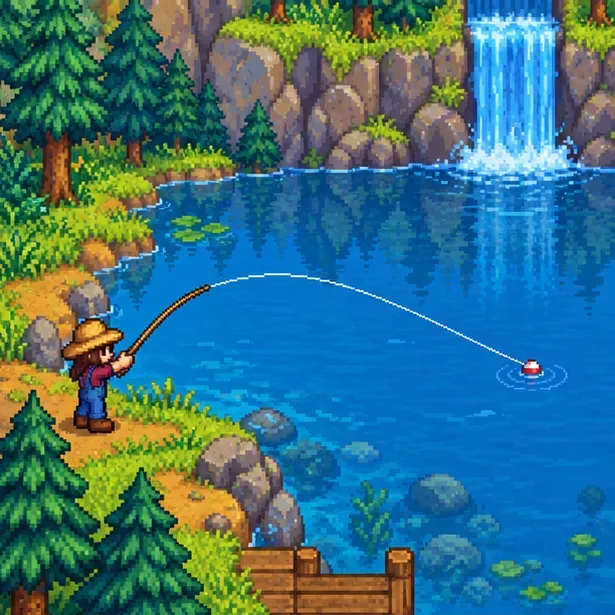 A farmer casting from the mountain lake shore toward a bobber in open water