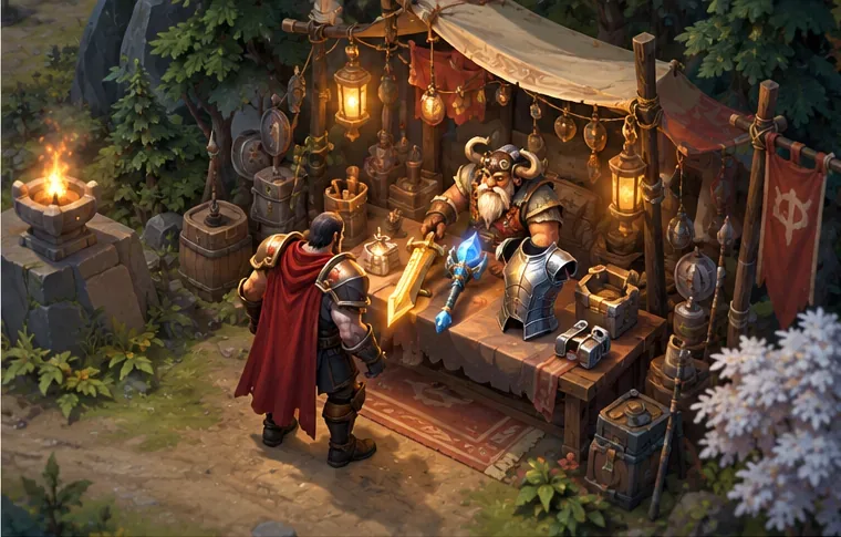 A fantasy hero examines glowing weapon, staff, and armor components at a merchant stall