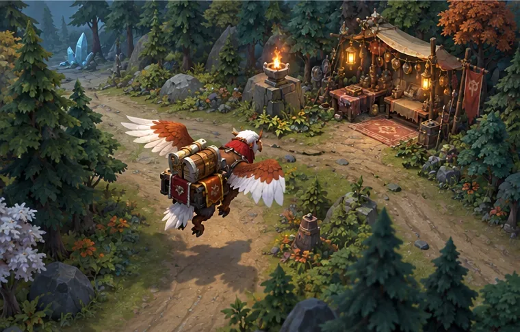 A winged courier flies along a forest path toward a Secret Shop stall