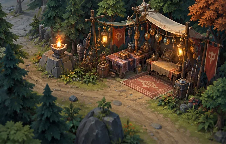 An isometric fantasy merchant stall tucked beside a tree-lined jungle path