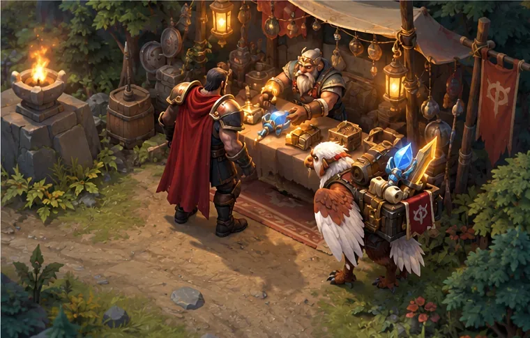 A hero and courier stand together at a merchant stall after reaching the shop