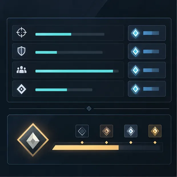 A conceptual game progression screen with challenge progress bars above a separate account-level track