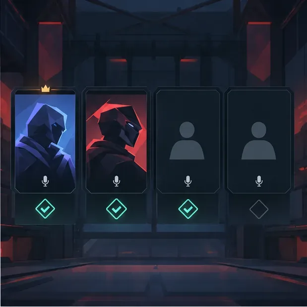 Four player cards in a dark party lobby, with three teal ready indicators