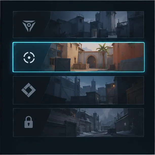 A four-row game-mode selection mockup with one short-round queue highlighted in cyan