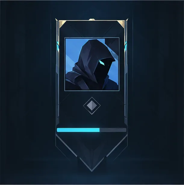 A dark player-card mockup with a silver border and a cyan progress bar representing account-level AP