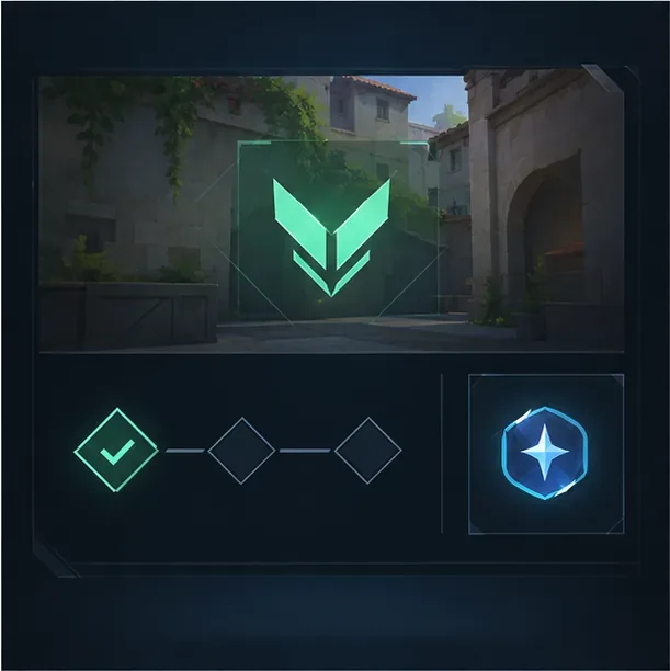 A progression mockup with one completed checkpoint, two empty markers, and a reward badge