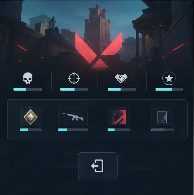 A post-match results mockup with stat bars, reward icons, and an exit symbol below the results