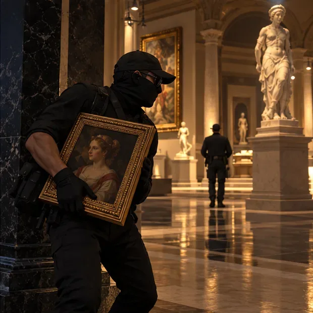 Um membro da tripulação usando máscara carrega um quadro emoldurado por uma galeria de museu com iluminação aconchegante.