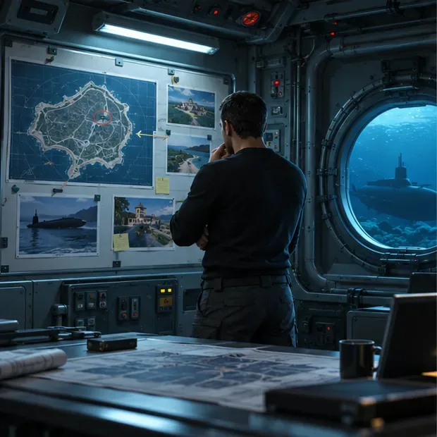 Um jogador estuda um mapa da ilha na sala de controle de um submarino, ilustrando os preparativos para o assalto a Cayo Perico.