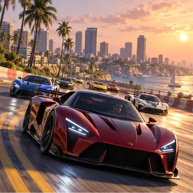 Um grupo de carros esportivos percorre um circuito urbano costeiro ao pôr do sol, ilustrando o desafio da corrida de outubro.
