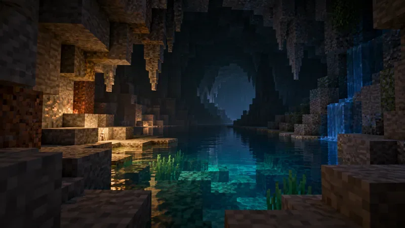 A dim voxel cave opens into a blue pool, with a distant passage fading into darkness.