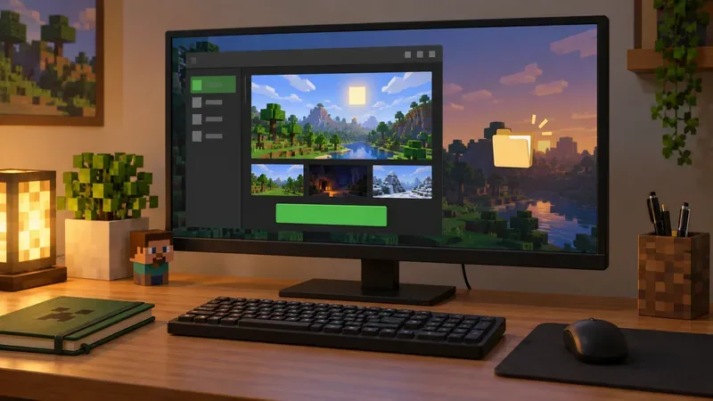 A desktop monitor shows a generic block-game launcher beside a separate folder icon, representing cautious testing and backups.