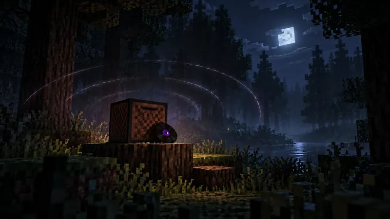 A voxel jukebox and music disc sit in a moonlit forest clearing, surrounded by faint rings of light.