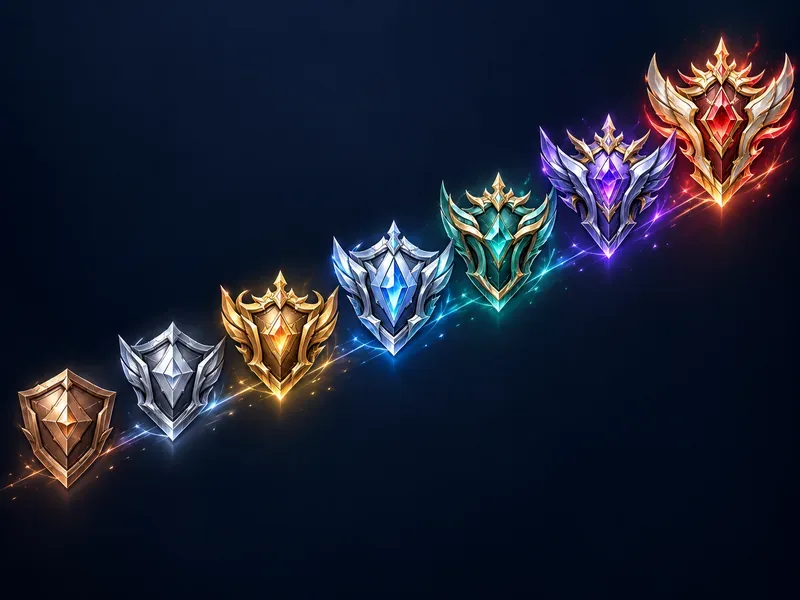 Sete brasões metálicos se elevam diagonalmente, do bronze ao prateado, dourado, azul, verde-azulado, violeta e carmesim.