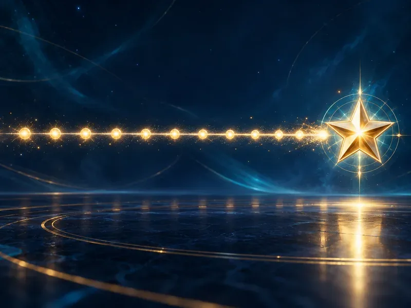 Uma linha de pontos brilhantes alcança uma estrela dourada contra um fundo azul escuro.