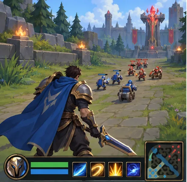 ファンタジー世界の英雄が、体力ゲージ、リソースバー、アビリティアイコン、ミニマップが表示された画面パネルの上で、敵の波に立ち向かう。