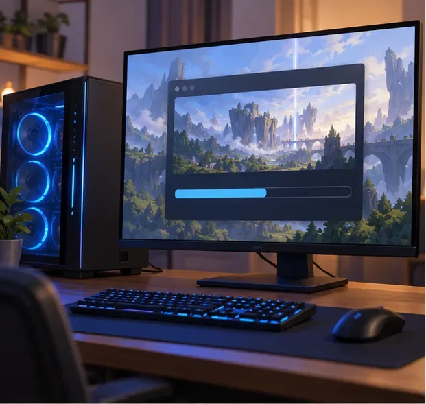 デスクトップコンピュータに、青いダウンロード進行状況バーが表示されたファンタジーゲームのインストールウィンドウが表示されている。