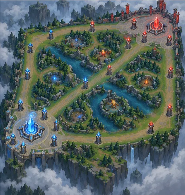 等角投影で描かれたファンタジーの戦場には、3つのレーン、森林に覆われたジャングル、川、そして対立する青と赤の基地が描かれている。