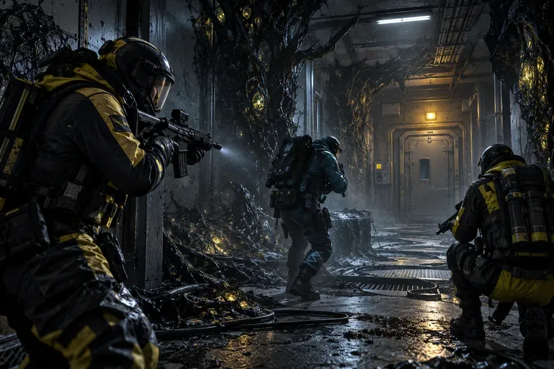 Three operators enter a dark, alien-infested research corridor